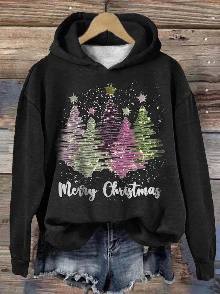Round Neck Hooded Long Sleeve Four Christmas Trees Loose Hoodie Sweatshirt - EX-STOCK Canada