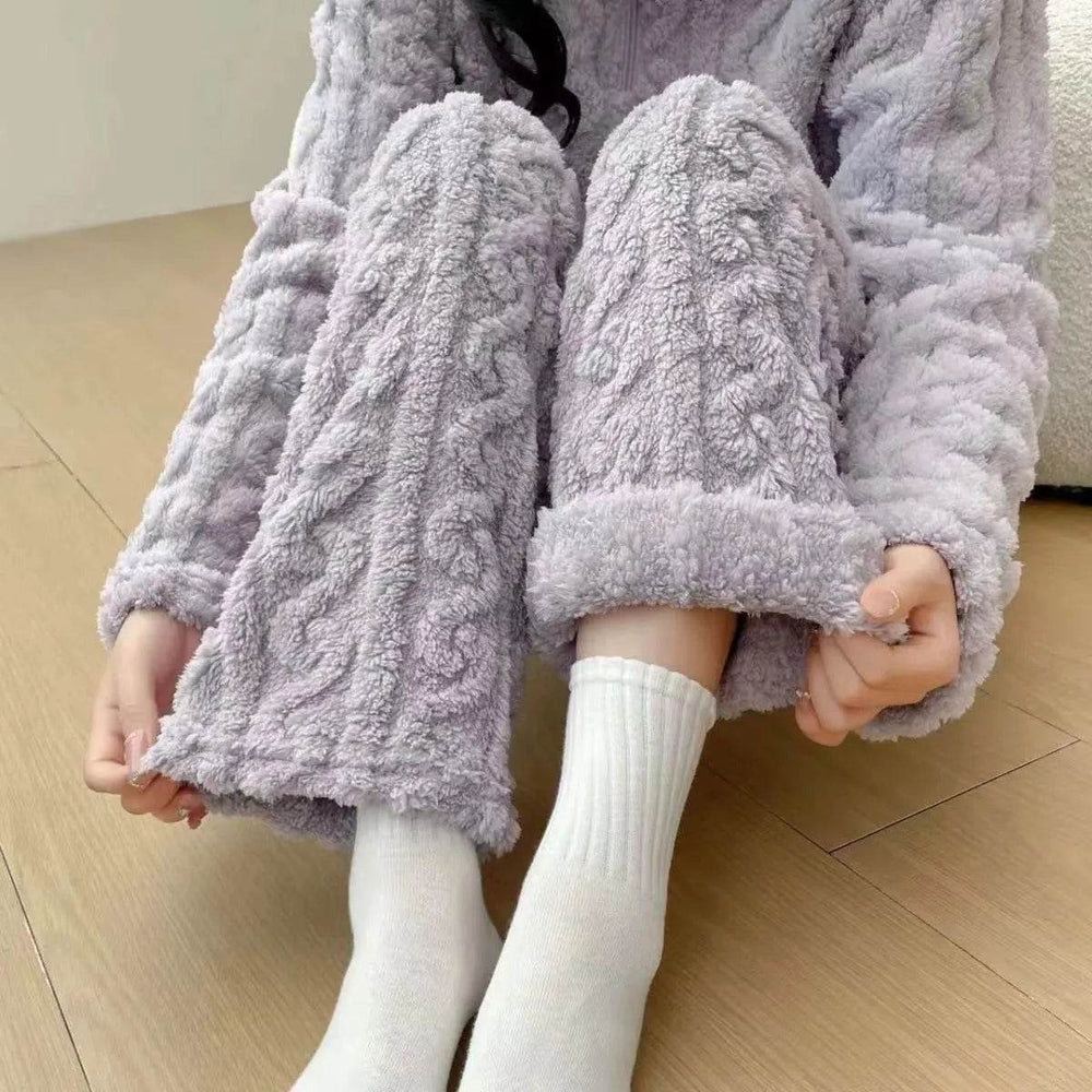 Autumn And Winter New Twist Zipper Couple Fleece-lined Thick Coral Fleece Pajamas Homewear Loungewear Sleepwear For Sleeping - EX-STOCK Canada