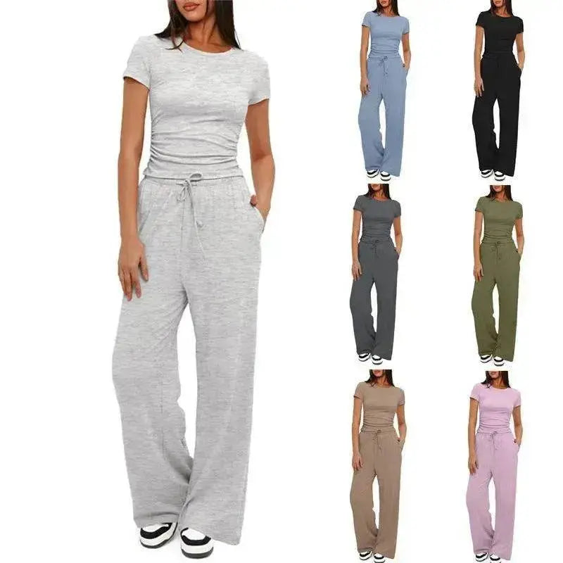 2pcs Solid Color Casual Sports Suit Short-sleeved Top And High-waisted Drawstring Wide-leg Pants Summer Fashion Set For Womens Clothing - EX-STOCK Canada