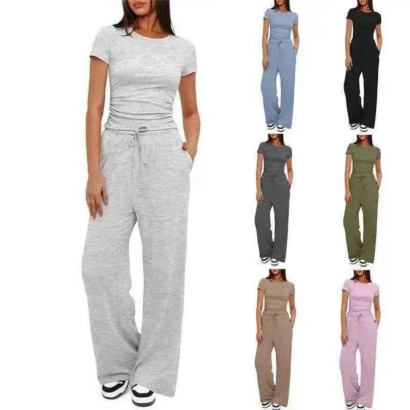 Ensemble de sport décontracté 2 pièces couleur unie avec haut à manches courtes et pantalon ample à taille haute avec cordon, ensemble mode été pour vêtements féminins - EX-STOCK Canada