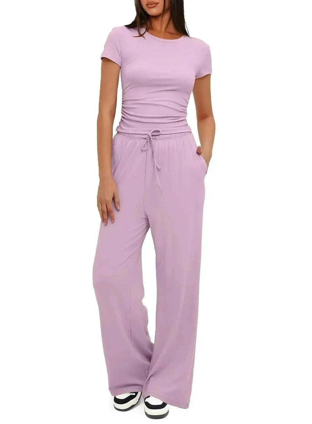 Ensemble de sport décontracté 2 pièces couleur unie avec haut à manches courtes et pantalon ample à taille haute avec cordon, ensemble mode été pour vêtements féminins - EX-STOCK Canada