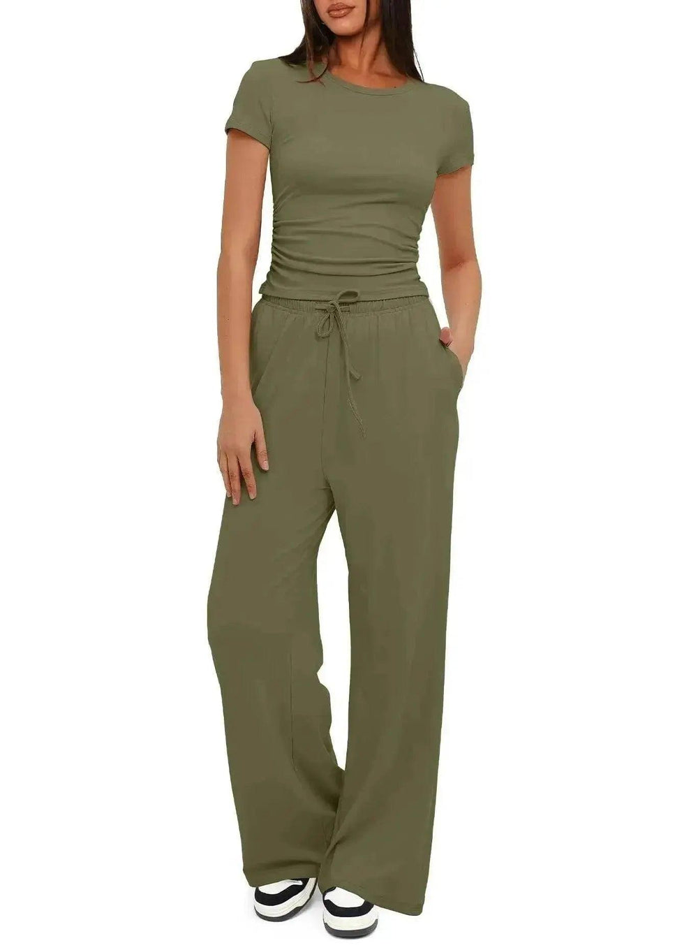 Ensemble de sport décontracté 2 pièces couleur unie avec haut à manches courtes et pantalon ample à taille haute avec cordon, ensemble mode été pour vêtements féminins - EX-STOCK Canada