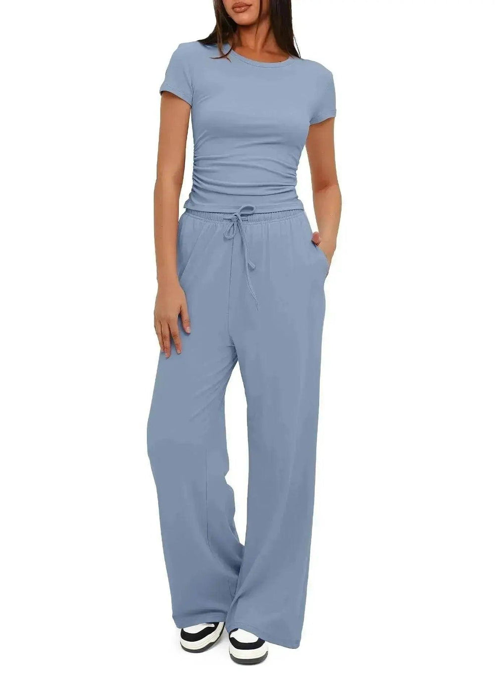 Ensemble de sport décontracté 2 pièces couleur unie avec haut à manches courtes et pantalon ample à taille haute avec cordon, ensemble mode été pour vêtements féminins - EX-STOCK Canada