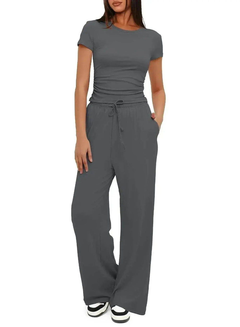 Ensemble de sport décontracté 2 pièces couleur unie avec haut à manches courtes et pantalon ample à taille haute avec cordon, ensemble mode été pour vêtements féminins - EX-STOCK Canada