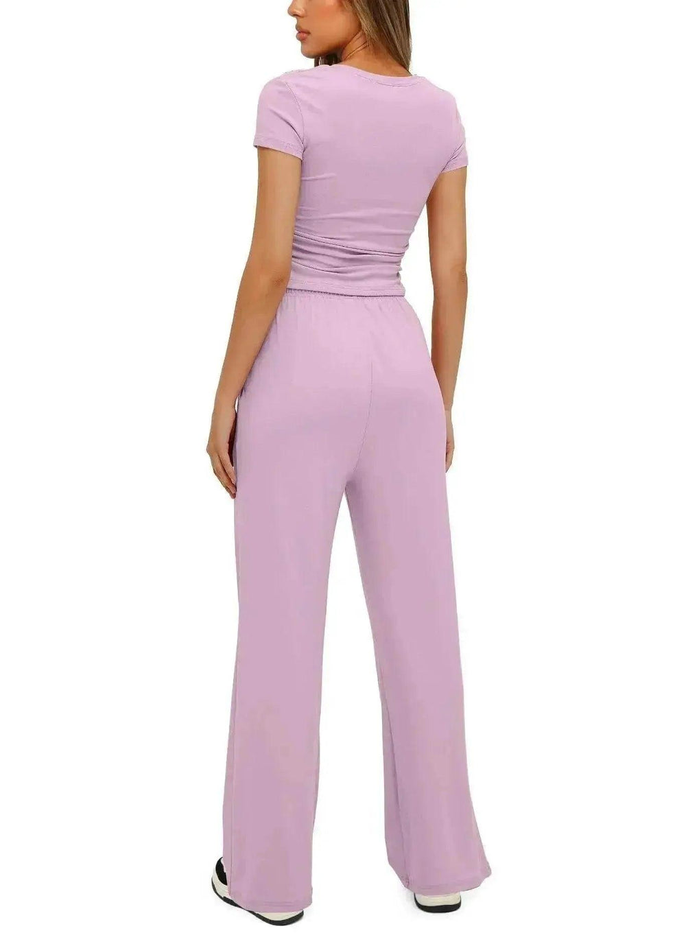Ensemble de sport décontracté 2 pièces couleur unie avec haut à manches courtes et pantalon ample à taille haute avec cordon, ensemble mode été pour vêtements féminins - EX-STOCK Canada