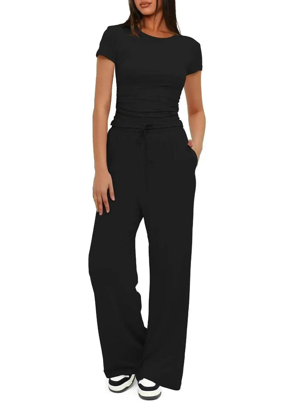 Ensemble de sport décontracté 2 pièces couleur unie avec haut à manches courtes et pantalon ample à taille haute avec cordon, ensemble mode été pour vêtements féminins - EX-STOCK Canada