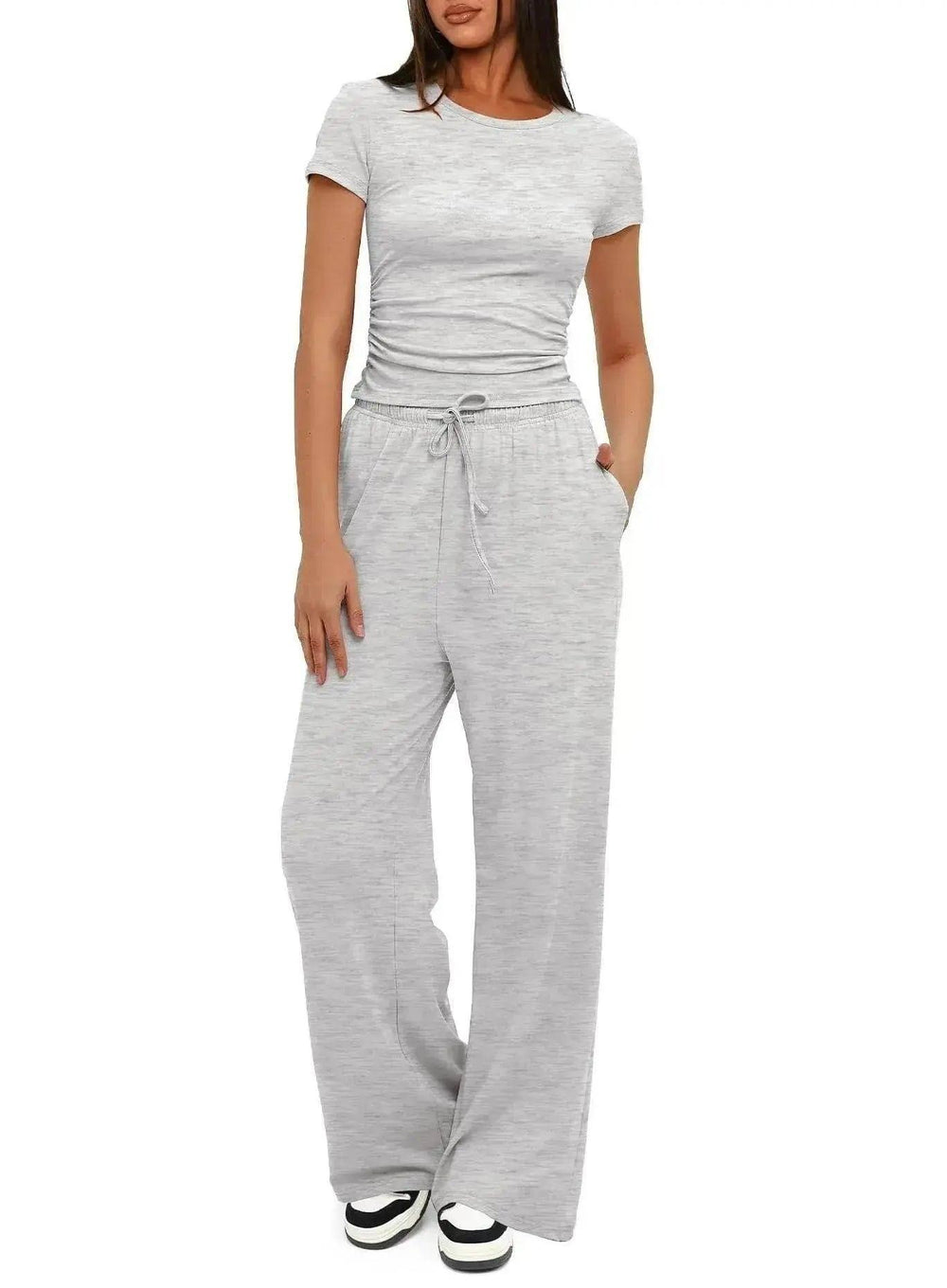 Ensemble de sport décontracté 2 pièces couleur unie avec haut à manches courtes et pantalon ample à taille haute avec cordon, ensemble mode été pour vêtements féminins - EX-STOCK Canada