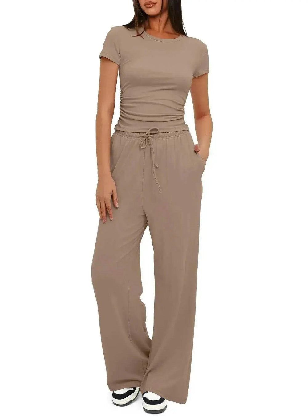 Ensemble de sport décontracté 2 pièces couleur unie avec haut à manches courtes et pantalon ample à taille haute avec cordon, ensemble mode été pour vêtements féminins - EX-STOCK Canada