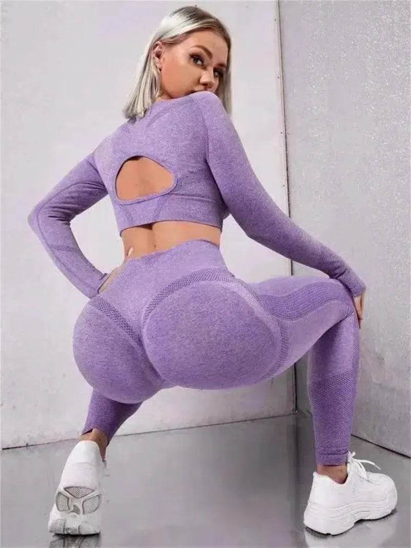 Fitness Leggings Sports Gym Sportswear Outfits Clothing 2pcs Sports Suits Long Sleeve Hollow Design - EX-STOCK Canada