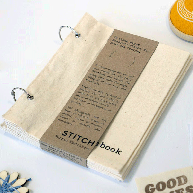 Stitch book fabric sketchbook with text on a white background