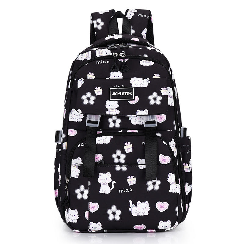 Black backpack with white cat and flower pattern on a white background