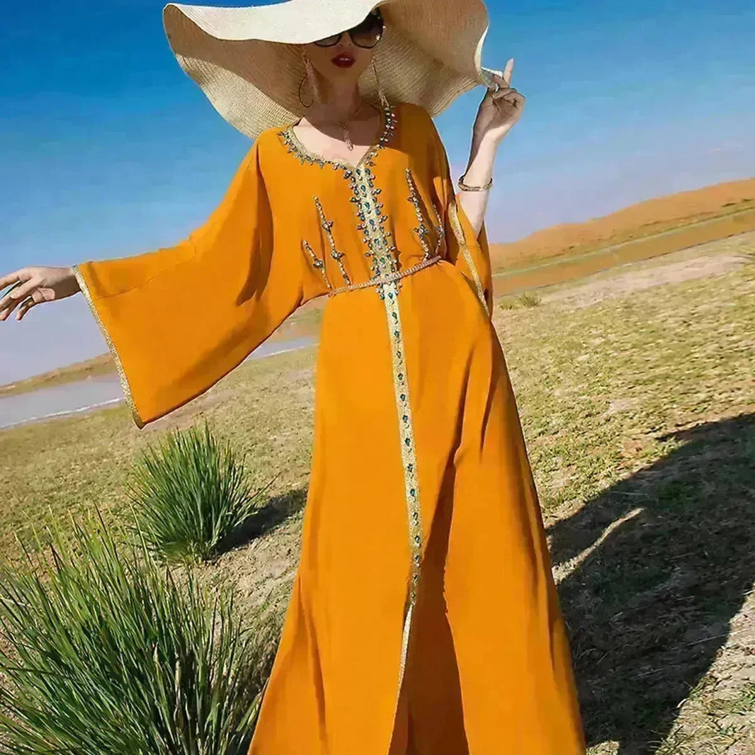 Luxury Hand-stitched Diamond Sleeve Dress Middle East Dubai Abaya Dress Fancy Summer Abaya Turkey Embellished Abaya dress - EX-STOCK CANADA