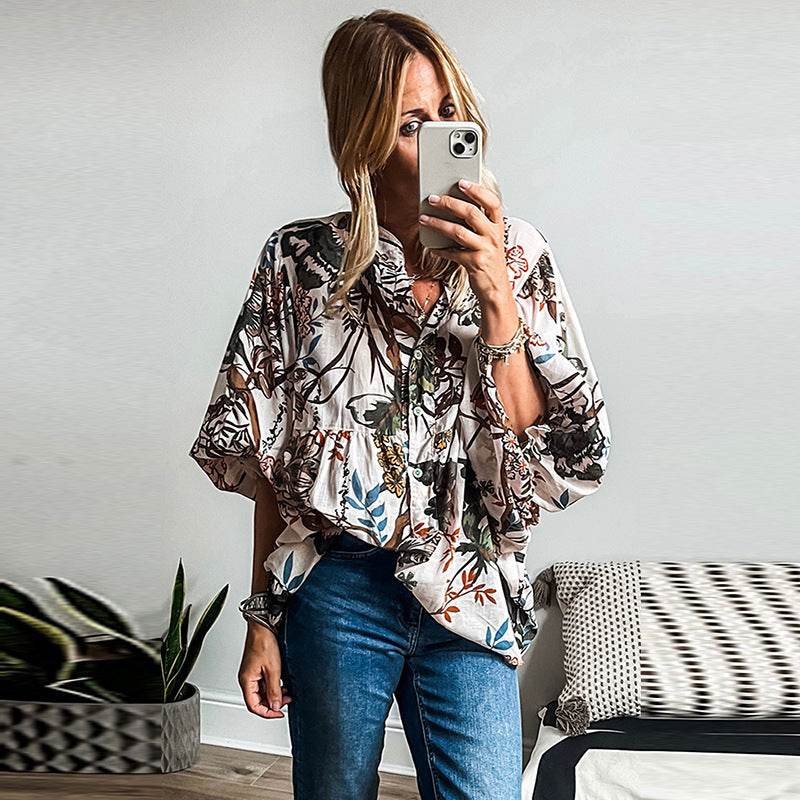 Spring Summer All-match Floral Print loose Linen blouse Shirt For Women - EX-STOCK Canada