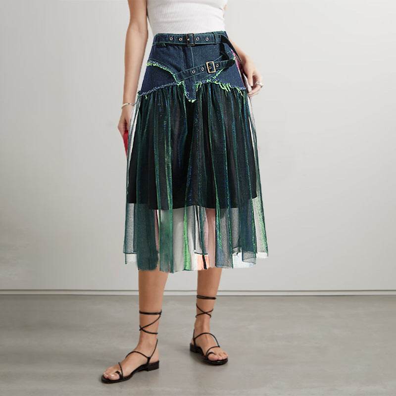 Street Fashion High Waist A-line Denim Mesh Midi Skirt - EX-STOCK Canada