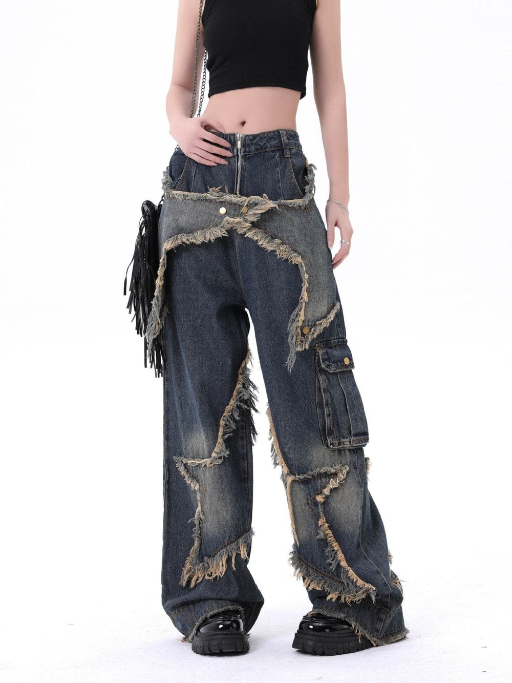 Distressed Denim Pant for women Oversized Streetstyle Patch Cargo Jeans Pant - EX-STOCK Canada