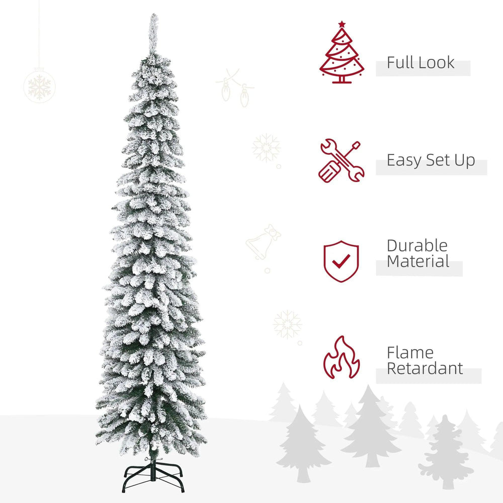7ft Snow-Flocked Artificial Christmas Tree, Slim Pencil Xmas Tree With 490 Realistic Branches, Metal Base, Green EX-STOCK Canada
