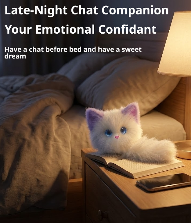 A fluffy white cat with large blue eyes rests on an open book on a wooden bedside table in a dimly lit bedroom. A lit lamp glows on the right, and large overlaid text at the top reads, 'Late-Night Chat Companion Your Emotional Confidant Have a chat before bed and have a sweet dream.