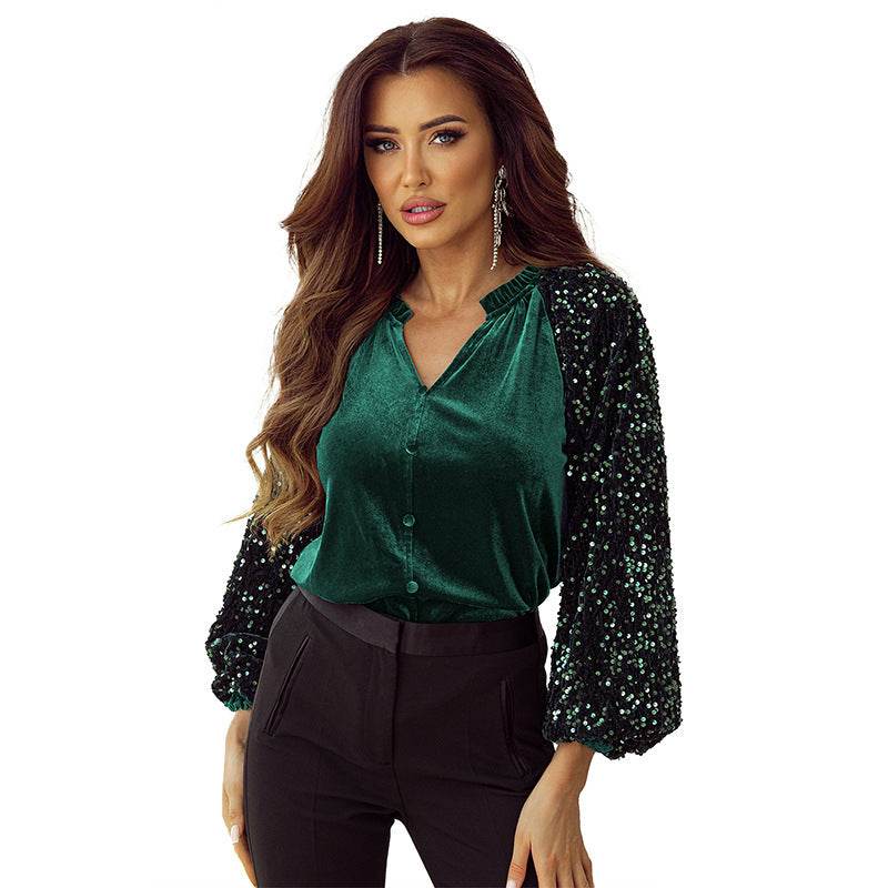 Elegant Fashion Sequined Long sleeve Suede V-neck Blouse top women - EX-STOCK Canada