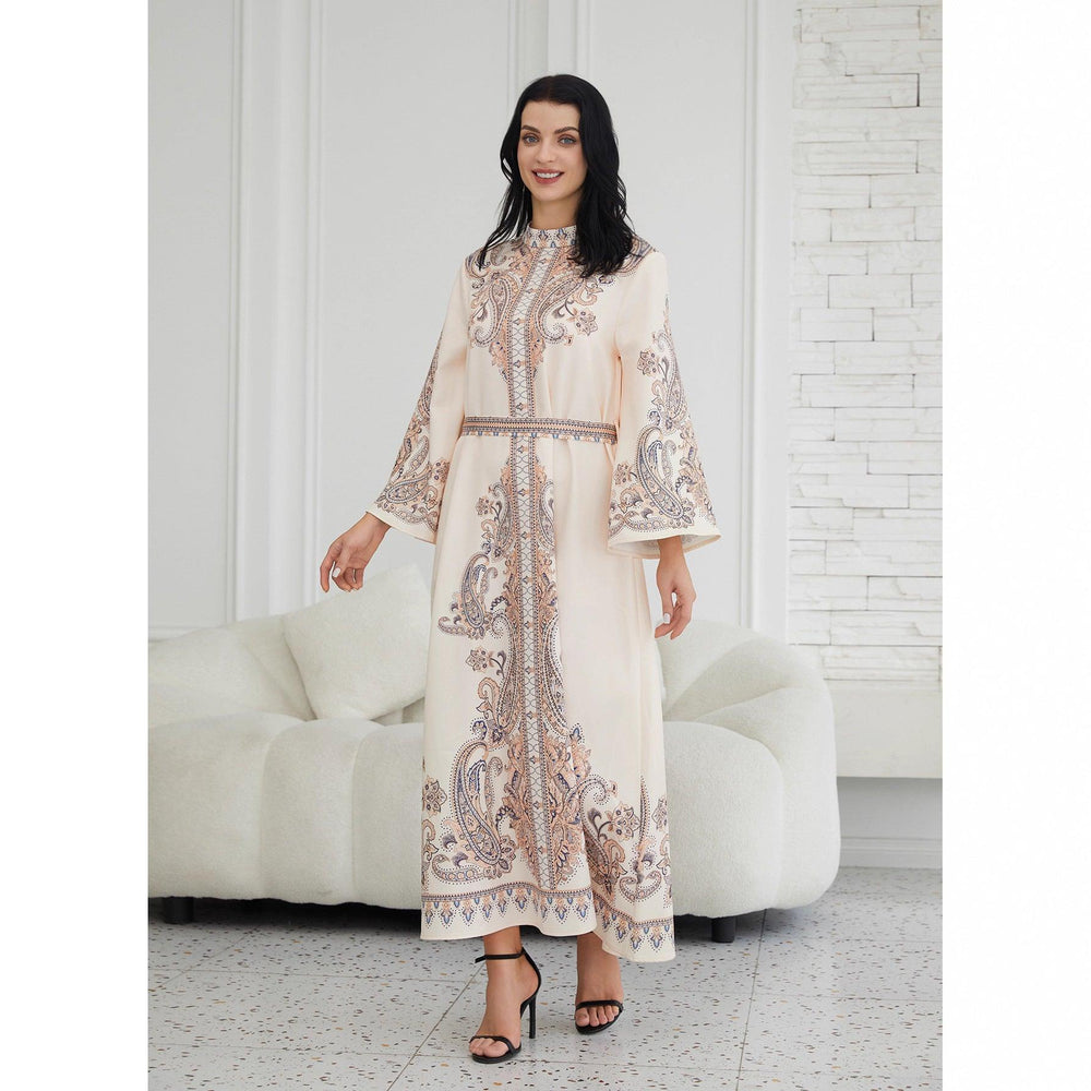 Stand Collar Printing Long Retro Muslim Dress - EX-STOCK Canada