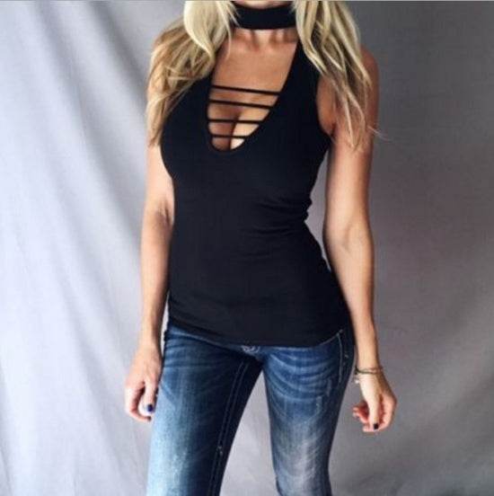 Sexy Tank Women Casual Lace Up Hollow Out V neck Tops - EX-STOCK Canada