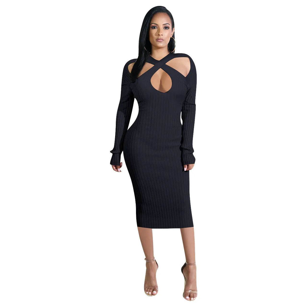Chic V-neck Long Sleeve Midi Party Club Bodycon Pencil Dress - EX-STOCK Canada
