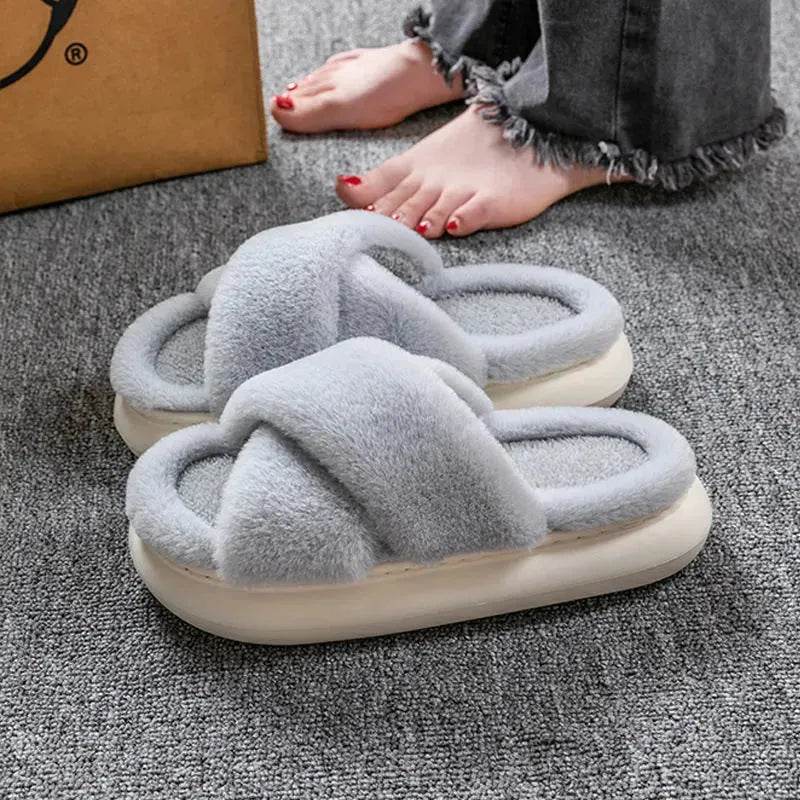 Women's Platform Fuzzy Home Slippers Winter Open Toe Criss-cross Solid Color Casual Floor Slides Indoor Flat Comfy House Shoes - EX-STOCK Canada