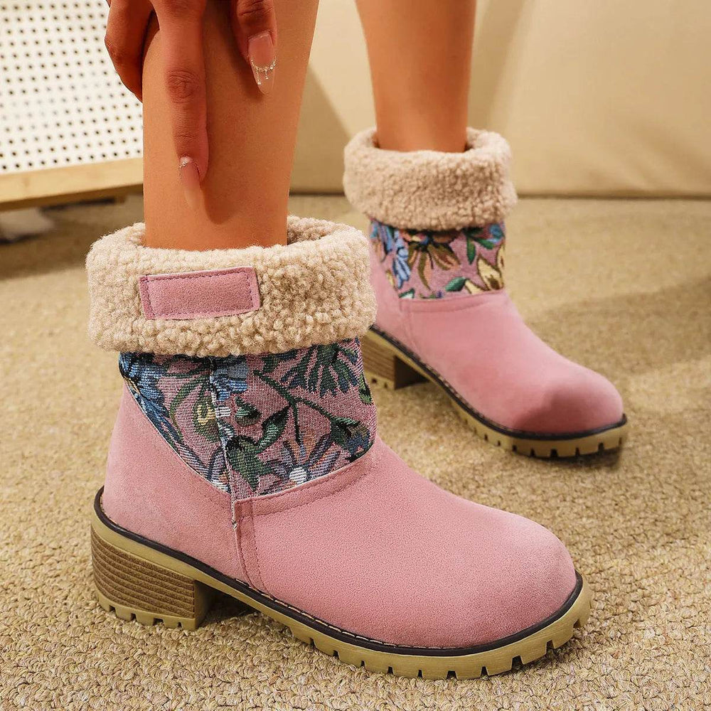 Flowers Embroidered Snow Boots Ethnic Style Platform Thick Square Heel Mid-tube Boot Winter Warm Cotton Shoes For Women - EX-STOCK Canada