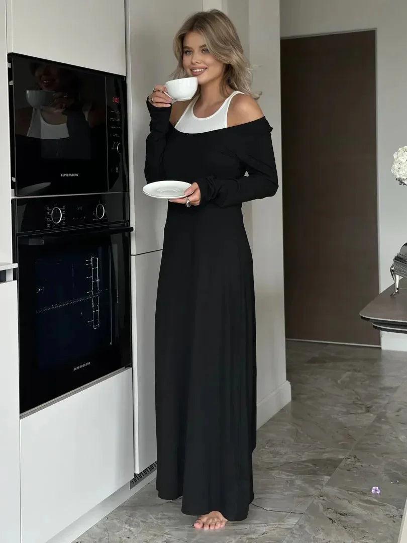 New Long Sleeve Stitching Fake Two-piece Vest Temperament Dress EX-STOCK Canada