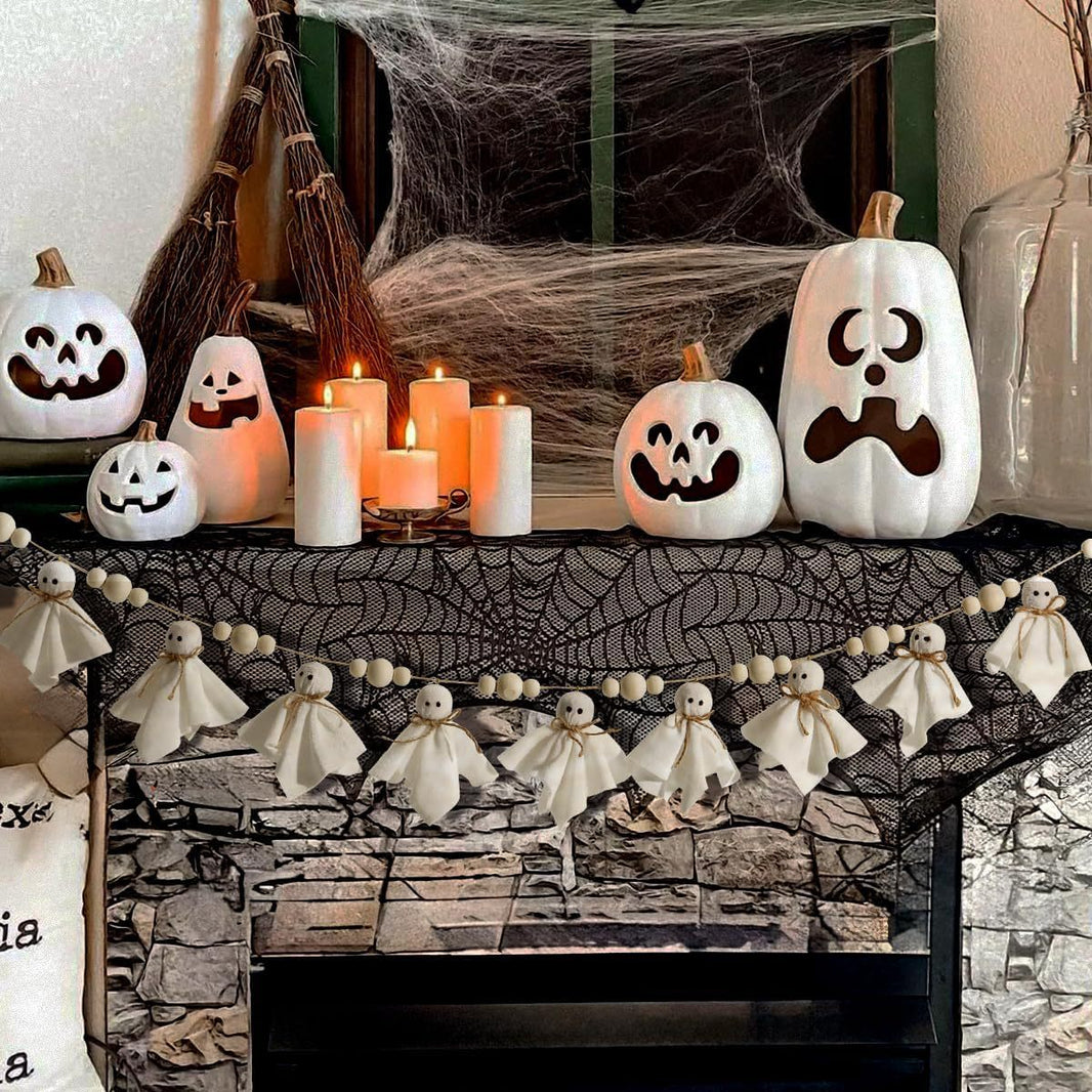 Halloween hanging decoration with ghost pumpkin and wooden bead pendant styles – product view 1