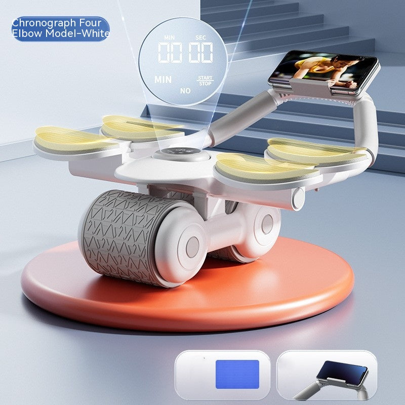 A white smart chronograph fitness device with four yellow resistance bands, a digital wristwatch display, and a phone mount, shown on an orange circular base against a blue-gray background.