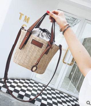 new summer women's bag hand-woven contrast color bucket straw bag cylinder handbag diagonal shoulder beach bag EX-STOCK Canada
