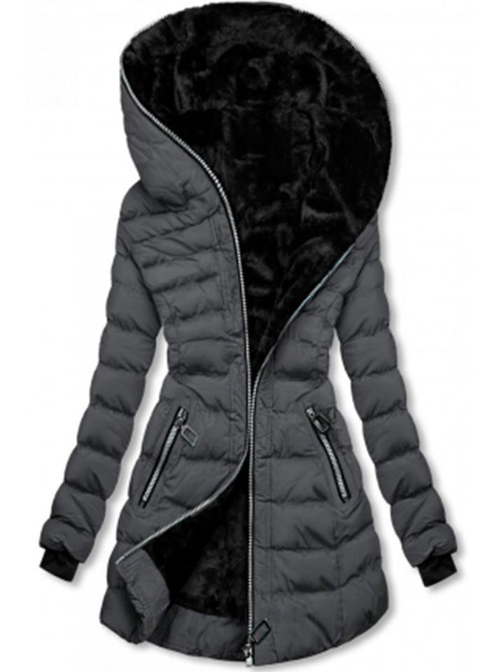 Gray puffer coat with black interior on a white background
