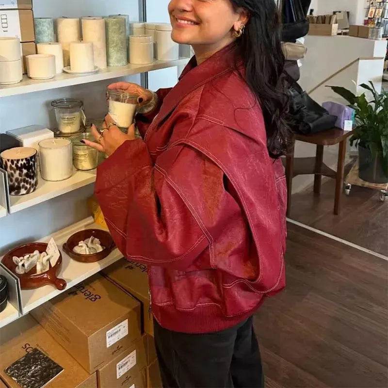 Oversized Fashion Zip-up Lapel Leather Jacket for women - EX-STOCK Canada