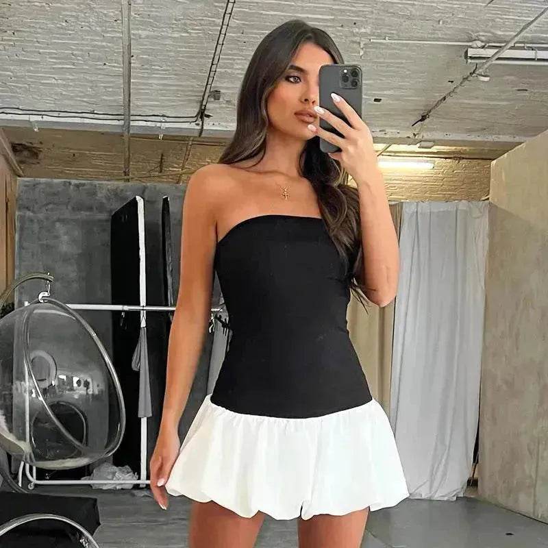 Chic Tube Top Dress Summer Solid Color Pleated Skirt Dress Women Fashion Short Mini Skater Dresses Evening Party Cocktail Dress for Ladies - EX-STOCK Canada