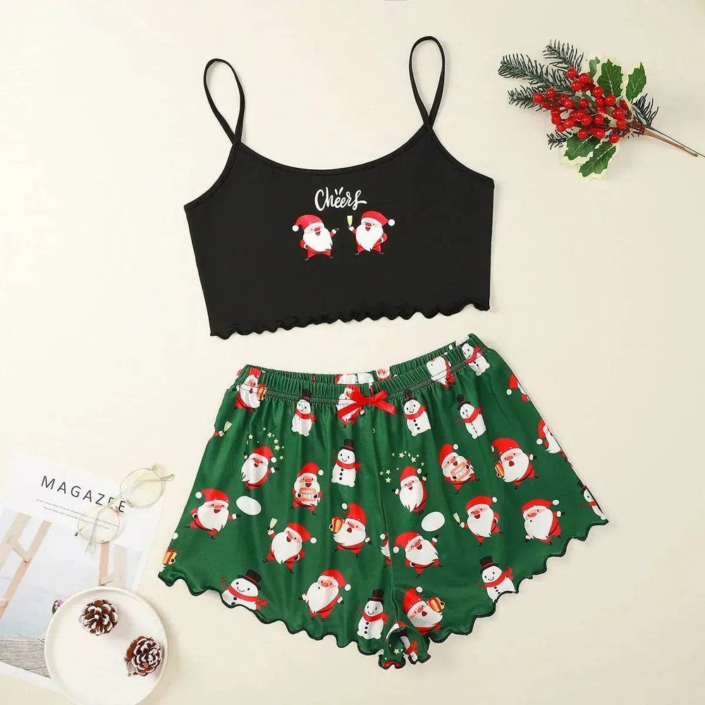 Christmas European And American Thin Pajamas Women's Sleeveless Shorts Milk Silk Simple Casual Two-piece Suit Homewear - EX-STOCK Canada