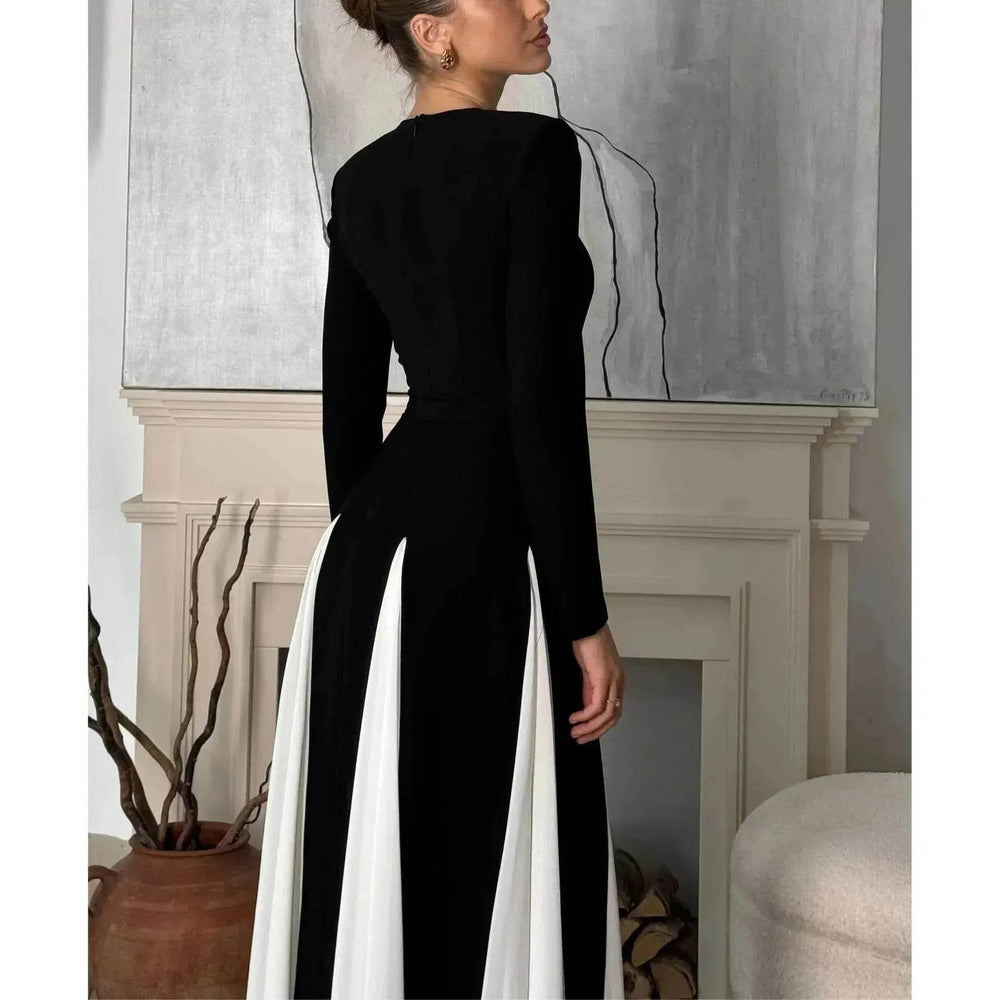 Luxury Classy Women's Black And White Stitching Long Sleeve Dress Long Skater Dress Flared Dress for Wedding Evening Party Cocktail Dress - EX-STOCK Canada