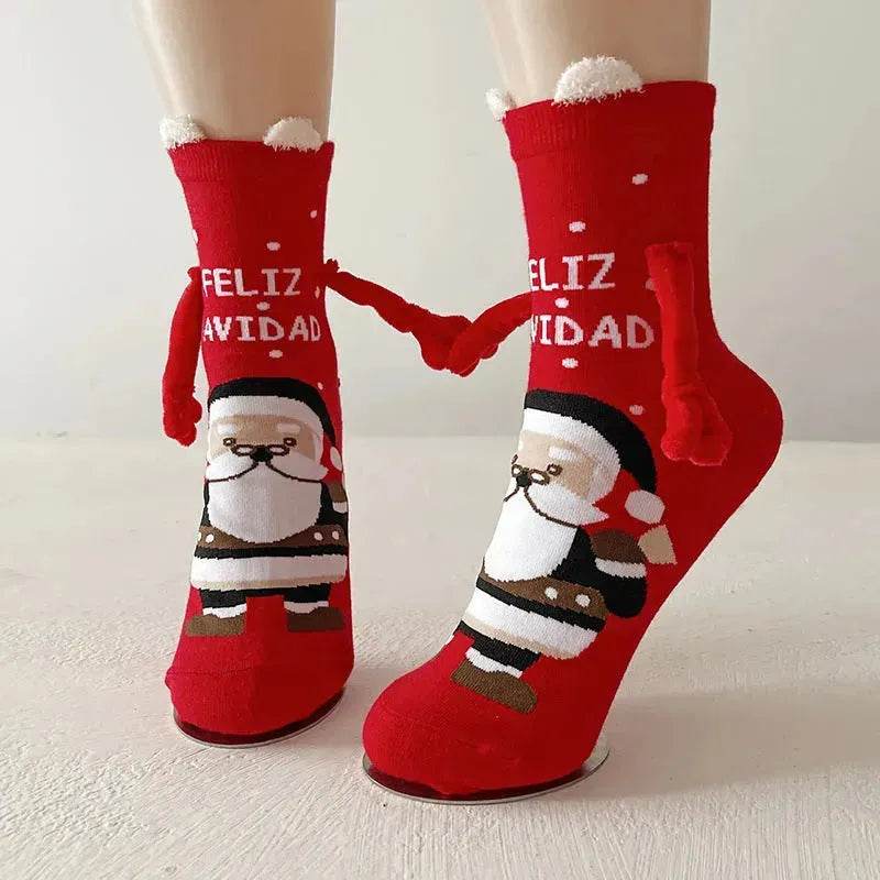 Christmas Magnetic Socks Cute Elk Santa Claus Snowman Hand-holding Socks For Couple - EX-STOCK Canada