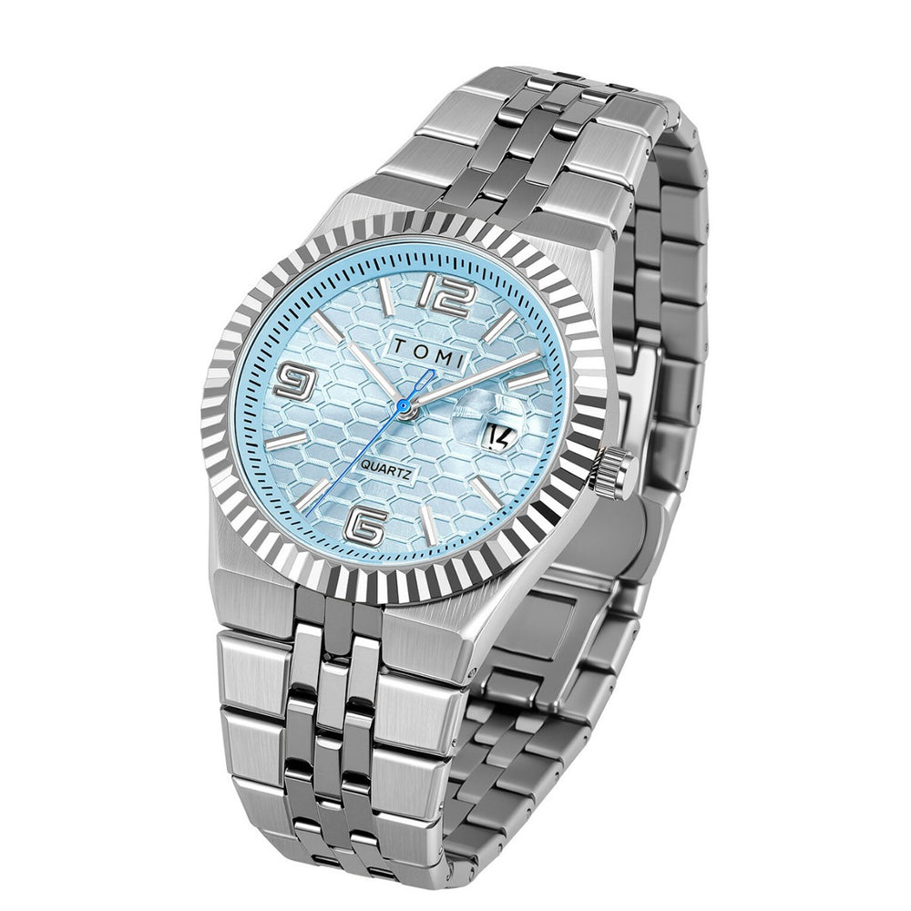 Silver watch with a blue face on a white background