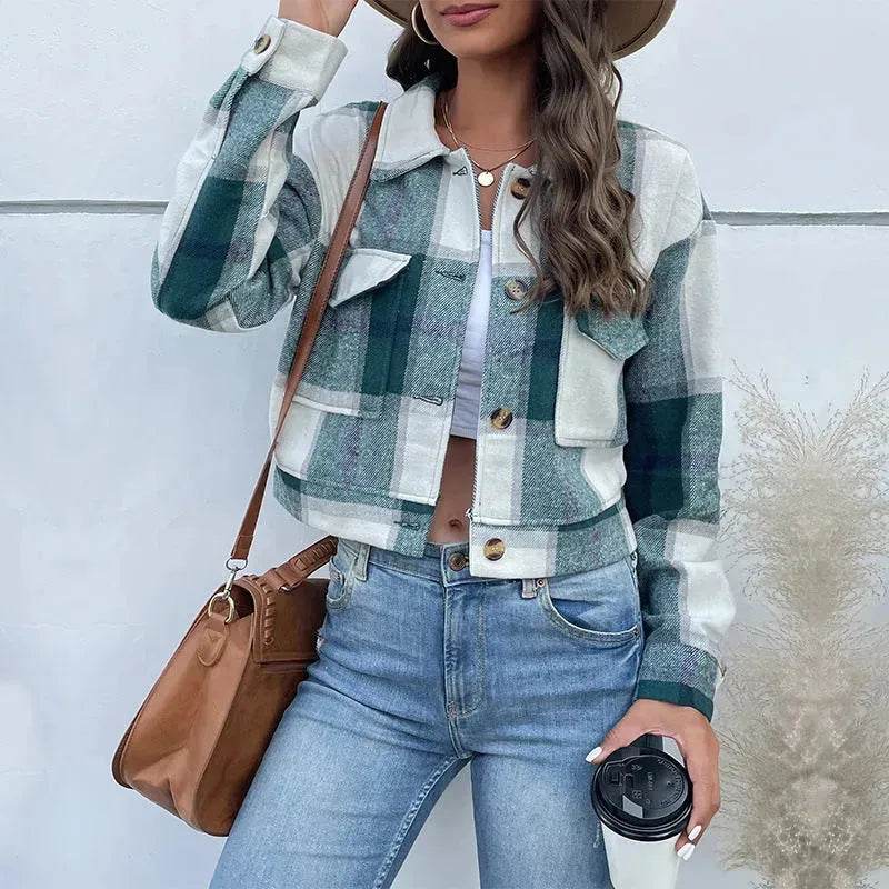 Fashion Oversized Plaid Lapel Cropped Jacket outwear top for women - EX-STOCK Canada