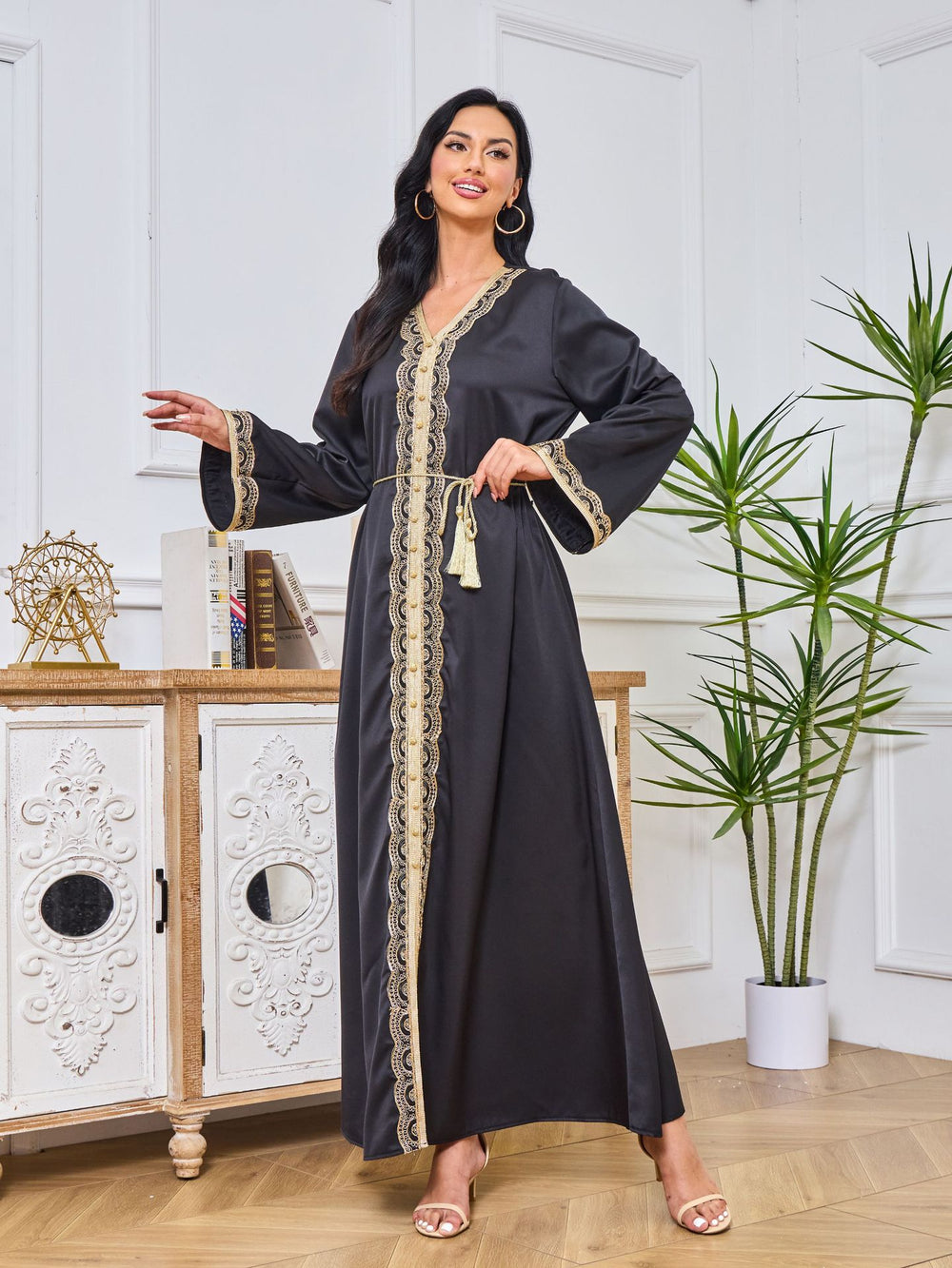 Robe Abaya de Dubaï avec pierres chaudes imprimées et détails brodés - EX-STOCK Canada