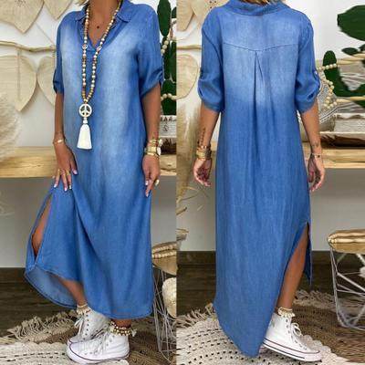 New washed denim dress Side Split Loose Mum Long Jeans Dress - EX-STOCK Canada