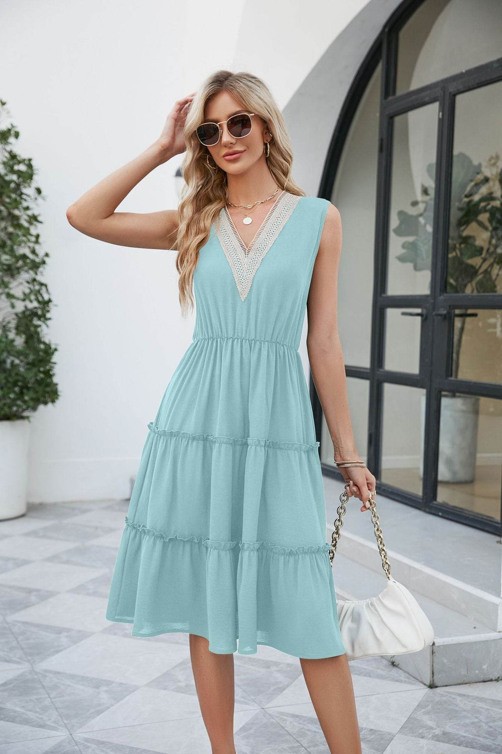 V-neck Dresses Women Sleeveless Pleated Ruffle Elegant Dress Beach Summer - EX-STOCK Canada