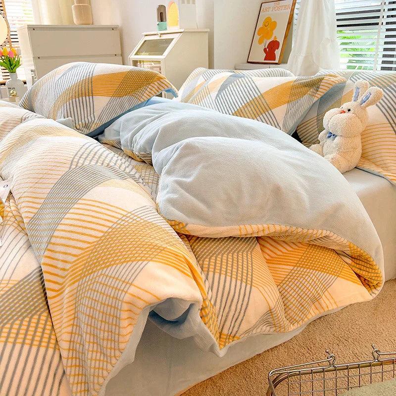 Nordic Striped Coral Fleece Duvet Cover Flannel Sheet Cover Three-piece Set EX-STOCK Canada