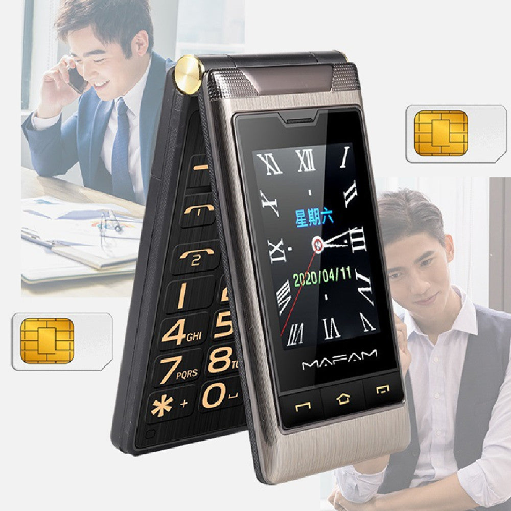 Flip phone with digital display and gold accents, shown open and closed, with people in the background.