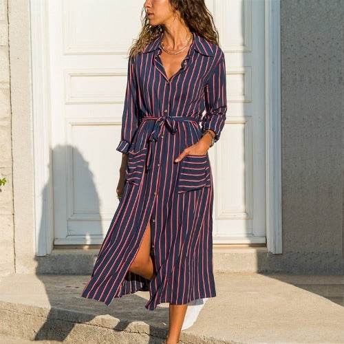 Stripe Shirt Women's Dress Spring Summer Chiffon V-neck Sexy Maxi Dresses Sexy Elegant Casual Girl Lace Women Long Sleeve - EX-STOCK Canada