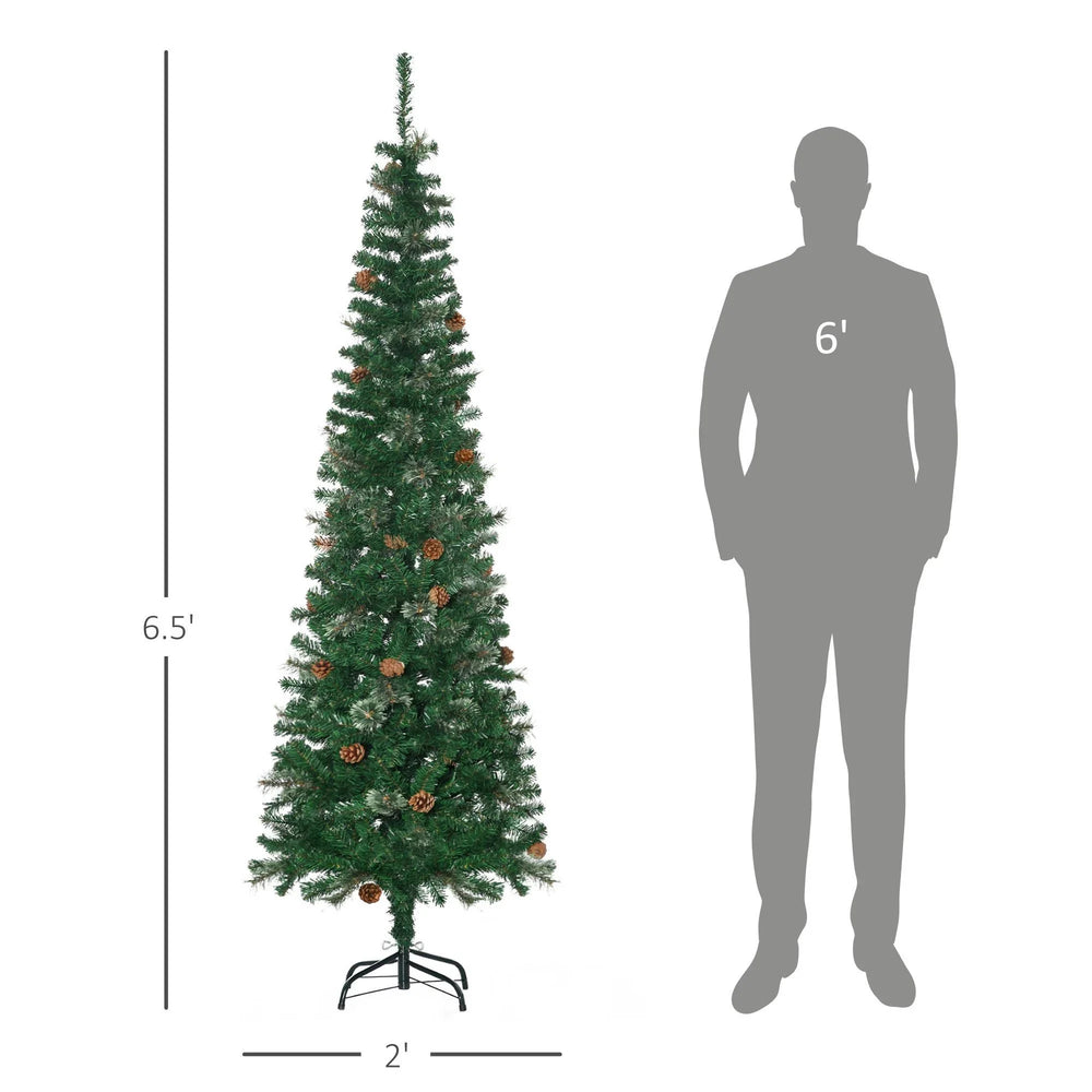 6.5ft Pencil Christmas Tree, Artificial Christmas With Pine Needles, Realistic Branches, Pine Cones, Metal Base, Green EX-STOCK Canada