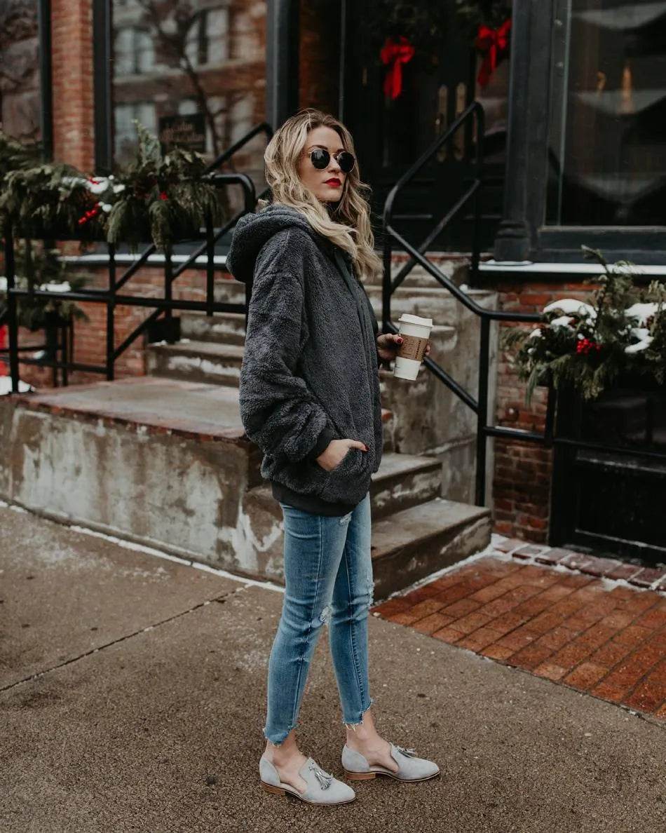 Women's Polerones Fleece Hoodie Pullover fall Winter Zipper Pocket Sweatshirt - EX-STOCK Canada