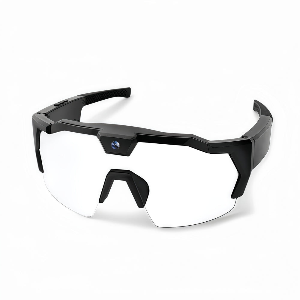 Black sunglasses with a clear lens on a white background