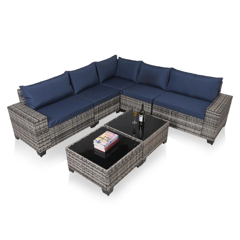 7-Piece Outdoor Patio Furniture Sets, All-Weather Wicker Rattan Sectional Sofa, Modern Two Glass Coffee Table And Washable Seat Cushion EX-STOCK Canada