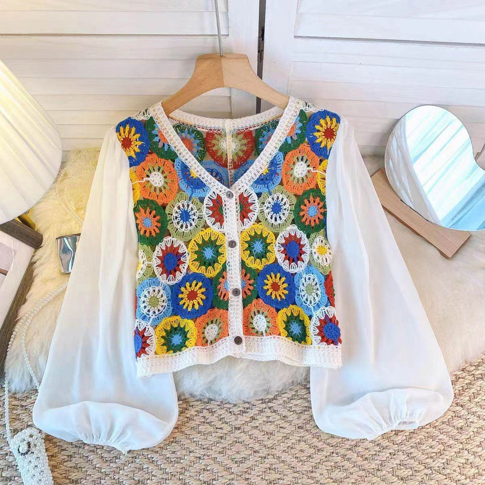 Summer Vacation Style Crocheted Hollow Design Knitted Chiffon Patchwork Long Sleeve Retro Slimming V-neck blouse top For Women - EX-STOCK Canada